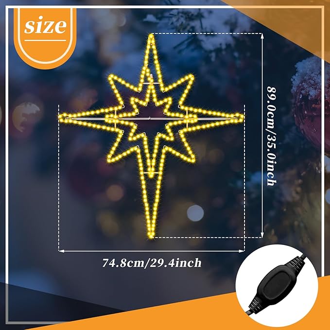 Outdoor Christmas Star of Bethlehem Large LED Star Window Plug Operated Lighted for Xmas Wall Window Indoor Outside Home Street Store Holiday Decorations(35'',Warm Light)