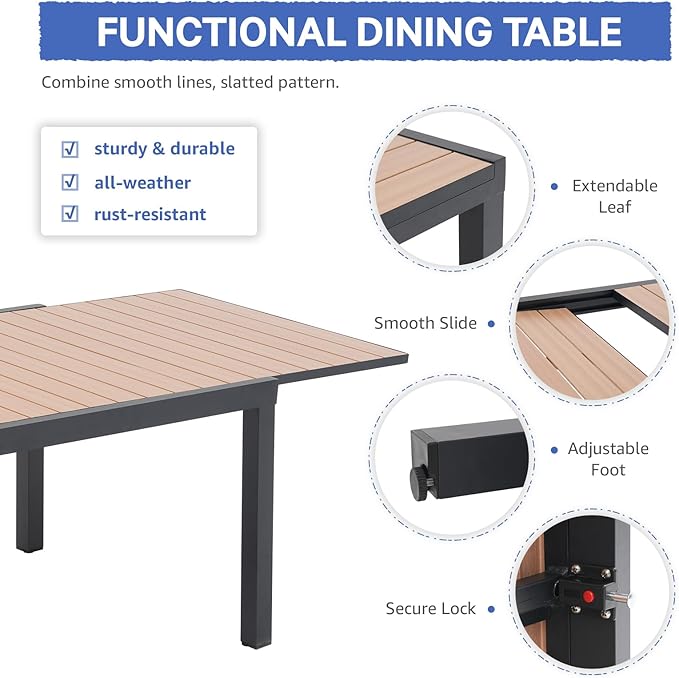 Soleil Jardin Aluminum Patio Extendable Dining Table, 63" - 105", Adjustable Indoor Outdoor Furniture Rectangle Table w/Thermal Transfer Wood Grain Tabletop for 6-10 Person Porch Deck Garden, Black