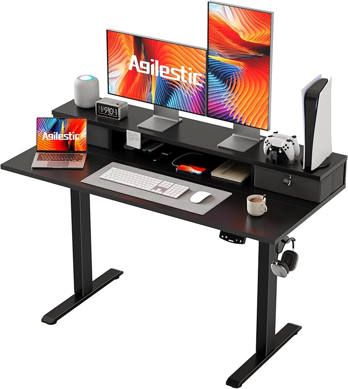 Agilestic 48 x 23 Inches Electric Standing Desk with 2 Storage Drawers, Adjustable Height Sit and Stand Computer Table with Splice Board, Black
