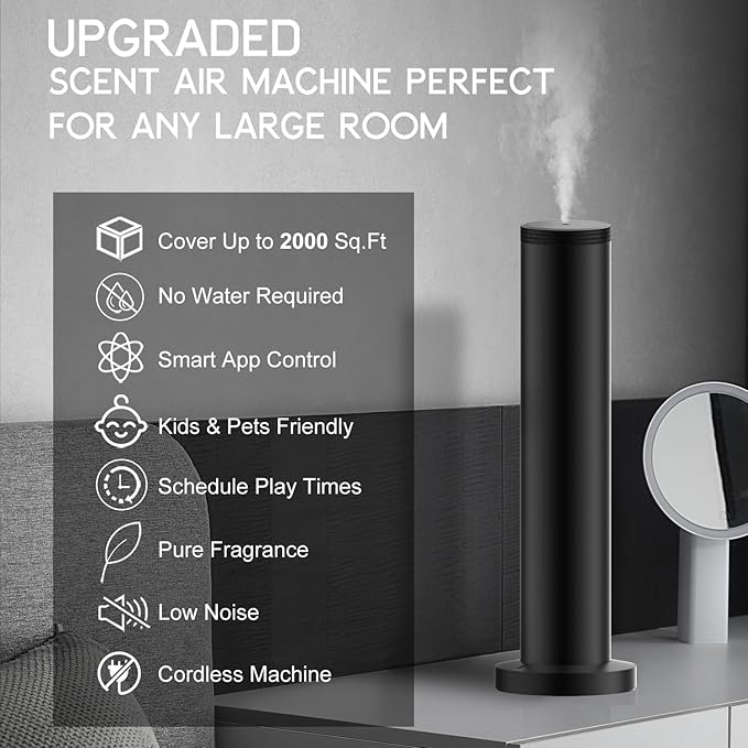 Hotel Scent Diffuser Machine -Cordless Rechargeable Diffuser for Whole House- Scent Air Machine for Home -App Bluetooth Control - Waterless Essential Oil Diffuser for Large Room, Studio Office -Black