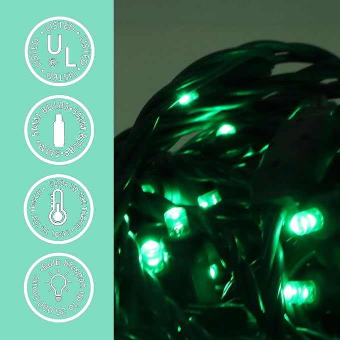 100 LED 5MM Green Christmas Lights, 33FT Indoor/Outdoor String Light, Mini Lights for Garden, Patio, Christmas Trees - Green Wire, Commercial Grade, UL Listed