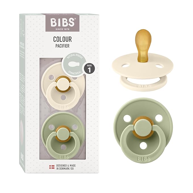 BIBS Pacifiers 0-6 Months | Set of 2 Colour Pacifier with Symmetrical Nipples | BPA-Free Natural Rubber | Made in Denmark | Ivory/Sage, 0-6 Months