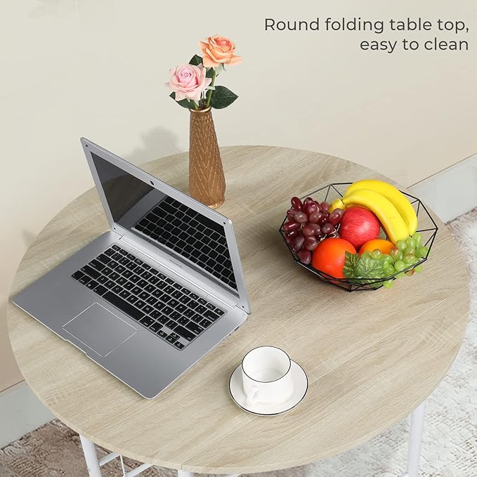 VINGLI 31.5" Drop Leaf Dining Table 3 Pieces for Small Space,Small Kitchen Table Set for 2,Round Folding Table with 2 Chairs for Home,Kitchen,Apartment,White&Oak