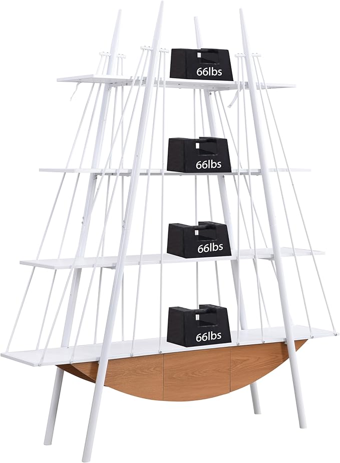 4 Tier Modern Boat-Shaped Bookshelf with Drawer, White & Brown, 84.3" Tall Vertical Ladder Shelf for Storage Display Decoration, Sturdy MDF & Metal Industrial Frame, for Living Room