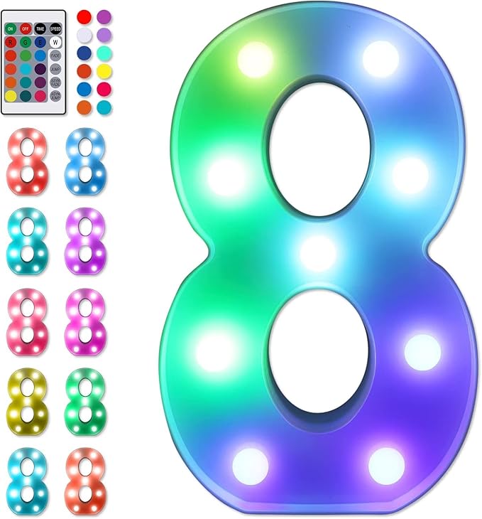 Foaky Colorful LED Number Lights with Remote, Marquee Light Up Number Sign for Night Light Wedding/Birthday Party Battery Powered Christmas Lamp Home Bar Decoration (8)