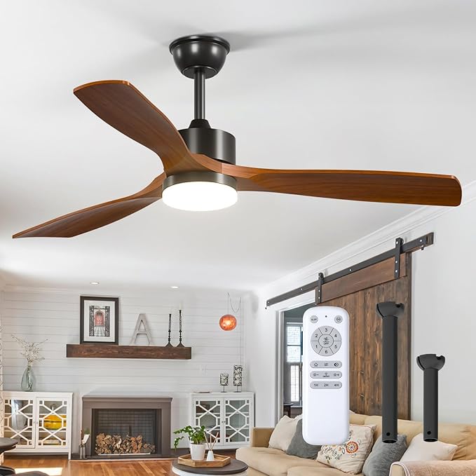 addlon 52 inch Ceiling Fans with Lights and Remote Control, Reversible, 3 Wood Blades, 6 Speeds, 3CCT Dimmable, Noiseless, Indoor/Outdoor Black Walnut Ceiling Fan for Bedroom Living Room Gazebo Patio