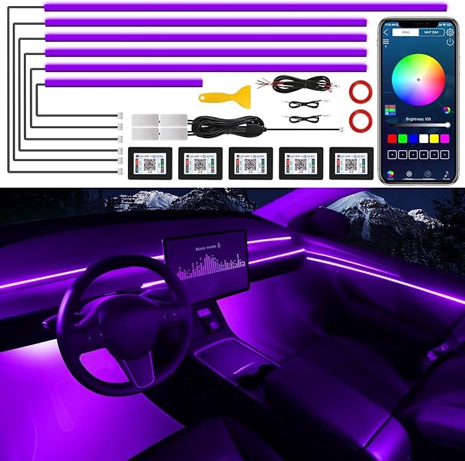 Acrylic Interior Car LED Strip Light with Wireless APP, 10 in 1 with 175 inches 593 LEDs Neon LED Strip Light, RGB Colors Dynamic Music Sync Car Ambient Lighting Kits