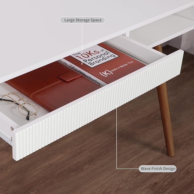 Artswish White Writing Desk with Drawers Mid Century Modern Desk, Wood Office Computer Desks for Small Space, White Desks with Walnut Legs
