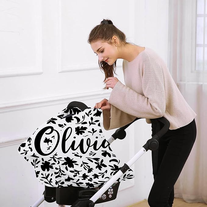 Custom Car Seat Covers for Babies - Breathable Baby Car Seat Cover for Girls Boys, Kick-Proof Newborn Carrier Canopy Stretchy Stroller Cover for 4 Seasons Black Flower Pattern