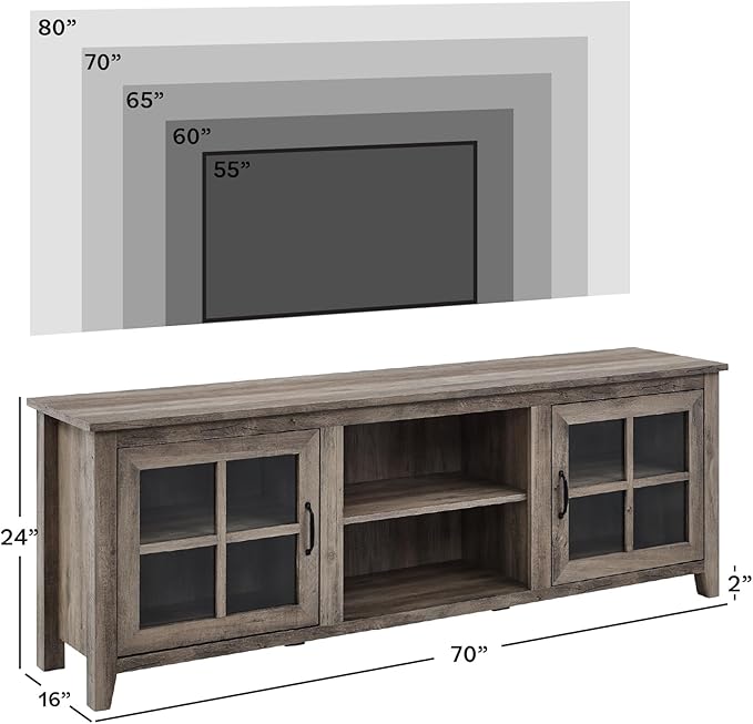 Walker Edison Portsmouth Classic 2 Glass Door TV Stand for TVs up to 80 Inches, 70 Inch, Grey Wash