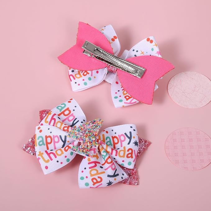4" Glitter Happy Birthday Hair Bow Clips for Girls Ages 1-6, Pink Ribbon Cheer Bow Barrettes Alligator Hairpins, Confetti Ice Cream Party Dress Accessories, Her 4th Birthday Gift