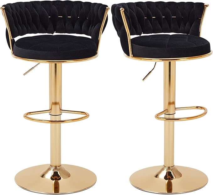 VECELO Bar Stools Set of 2, Adjustable Barstools Counter Height Stools with Back and Arm, Velvet Woven Kitchen Island Stools w/Gold Metal Leg & Base, 360° Swivel Bar Chair for Pubs Dining Room, Black