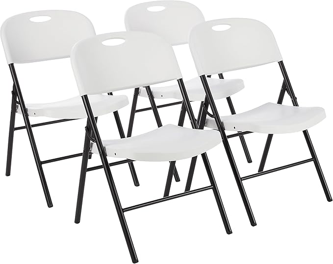 Amazon Basics Foldable Portable Comfortable Sturdy Folding Plastic Chair, 350-Pound Capacity, White, 4-Pack