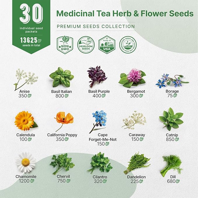 Organo Republic 30 Medicinal Tea Herb & Flower Seeds Variety Pack - 13600+ Non-GMO Heirloom Flower Seeds for Outdoor & Indoor Garden, Including Bergamot, Catnip, Calendula, Dandelion, Lovage, Zinnia