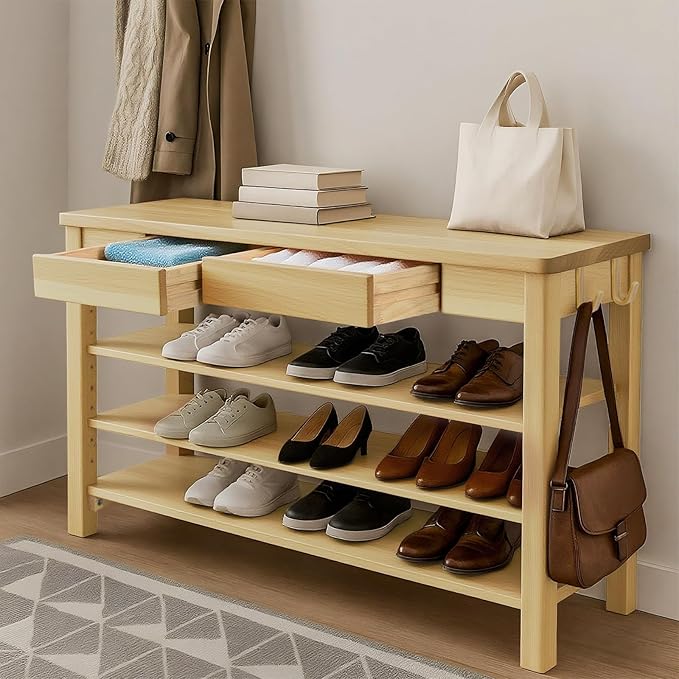 Wood Shoe Bench Entryway with Drawer: 3-Tiers Wooden Storage Shoe Rack with Bench Seat, Compact Mid-Century Modern Design for Entryway,Hallway,Closet,Front Door Entrance,Foyer Natural 39.3"