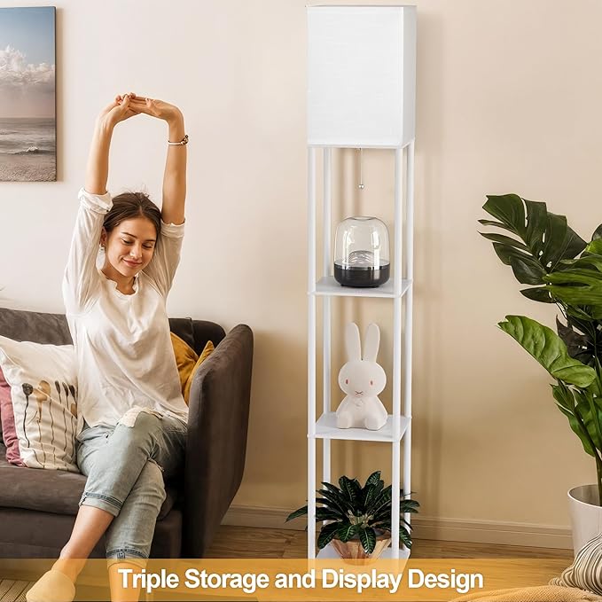 Floor Lamp with Shelves for Living Room White, Shelf Floor Lamp with 3 CCT LED Bulb, Corner Display Standing Column Lamp Etagere Organizer Tower Nightstand with White Linen Shade for Bedroom, Office
