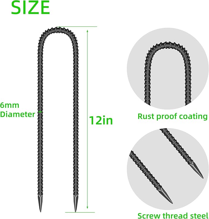 11 Pieces 12-Inch Garden Ground Stakes Galvanized Steel U Shape Hook Rebar Stake - Heavy Duty Ground Anchors for Tents, Position Kits,Fences, and Trampolines