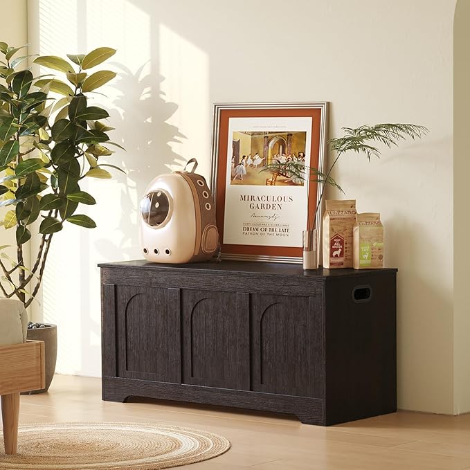 DINZI LVJ Storage Chest, 39.4” Wooden Toy Box with 2 Safety Hinges, Entryway Shoe Bench with Flip-Top, Sturdy Large Storage Trunk for Living Room, Bedroom, Playroom, Easy Assembly, Espresso