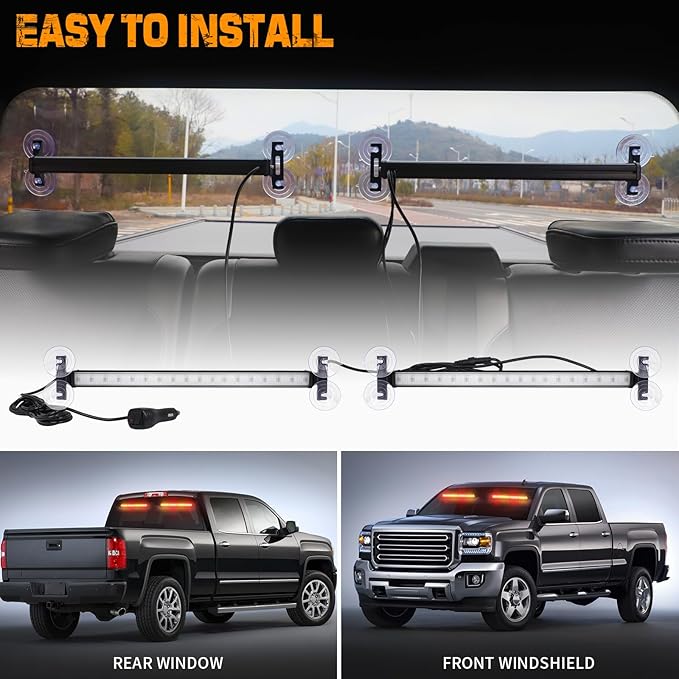 XRIDONSEN 2 in 1 Amber Red Traffic Advisor Light Bar 144 LED Warning Safety Interior Front/Rear Emergency Dash Windshield Strobe Lights for Firefighter Construction Vehicles Trucks Car (2x17.7 inch)