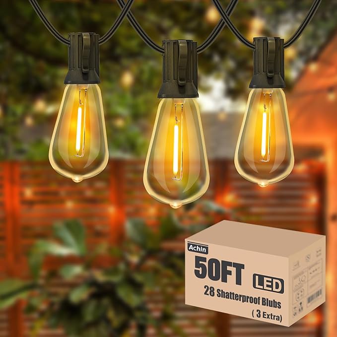Achin Outdoor String Lights - 50ft LED Dimmable ST38 Warm Edison String Lights, Waterproof, Shatterproof, Connectable, Patio, Pergola, Bistro, Garden, Wedding, 2 Year Warranty