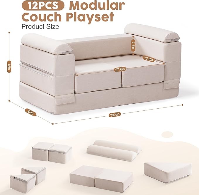 ROBOTIME Modular Play Couch for Kids, Convertible Toddler Sofa with Washable Covers, Versatile Foam Kids Couch for Playroom Forts, Lounging & Creative Play (for Ages 3+)