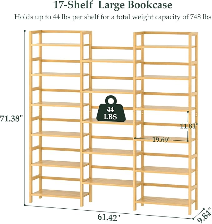 Homykic Bamboo Triple Wide Shallow Bookshelves and Bookcases, 6-Tier 6ft Tall Bookshelf with 17 Open Display Shelves, Large Freestanding Book Shelf for Home Office, Bedroom, Living Room, Natural