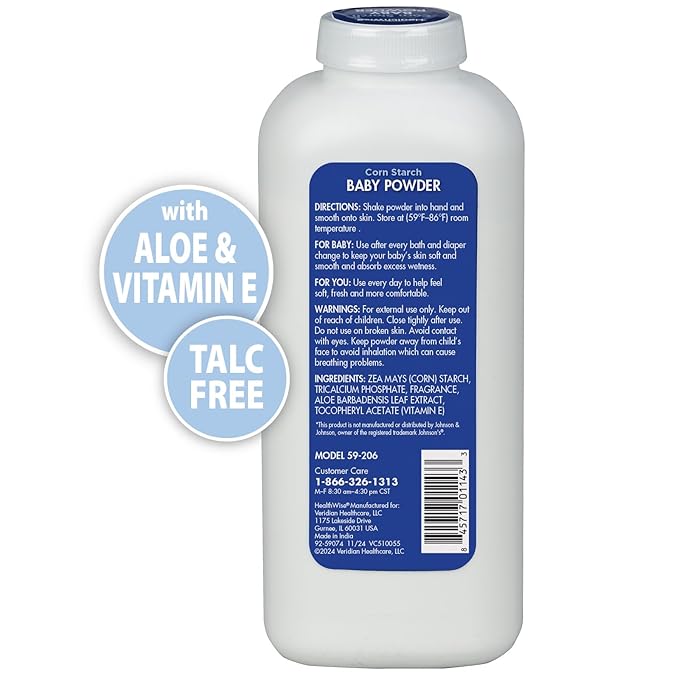 HealthWise Corn Starch Baby Powder | Aloe + Vitamin E | Talc Free | Paraben & Phthalate Free | Absorbs Moisture | 15 oz (425g)