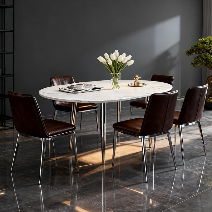 FURNITO 42"-54" Extendable Round Dining Table for 4–6, White Faux Marble & Wood Grain Top with Silver Metal Legs, Contemporary Oval Kitchen Table, Space-Saving Dining Room Table, Easy Assembly