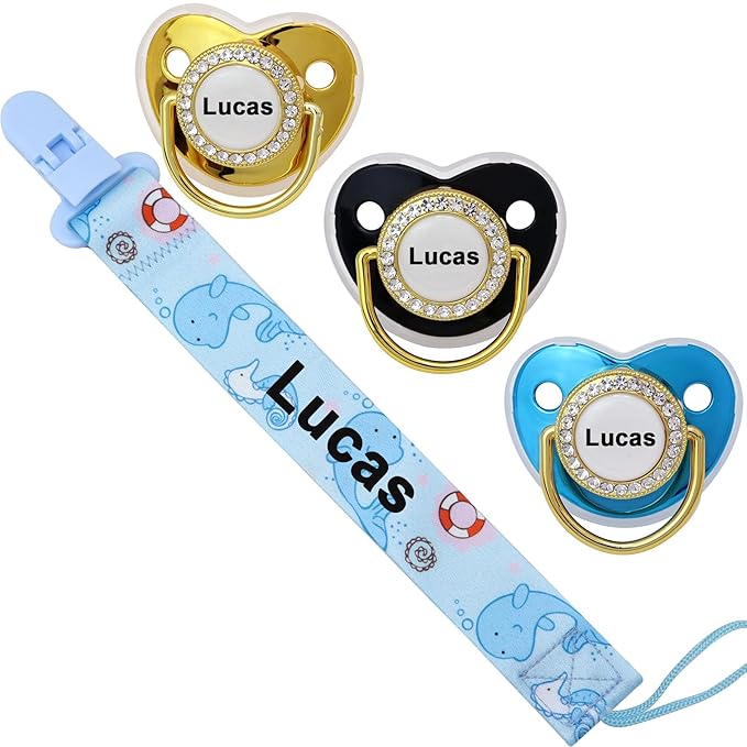 4Pcs, Personalized Pacifier with Name, Custom Pacifier Clip, Baby Gift for Newborn Boys and Girls, Baby Accessory Baby Stuff with Name (0-6 Months) (Blue)