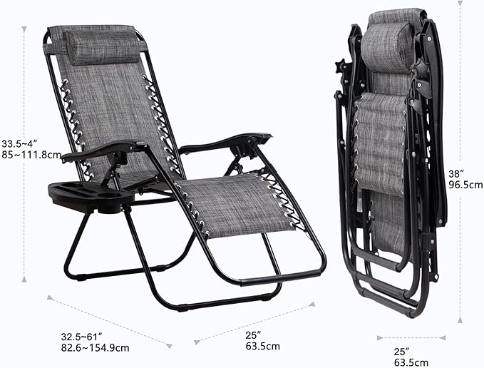 Nazhura Set of 2 Relaxing Recliners Patio Chairs Adjustable Steel Mesh Zero Gravity Lounge Chair Beach Chairs with Pillow and Cup Holder(Grey)