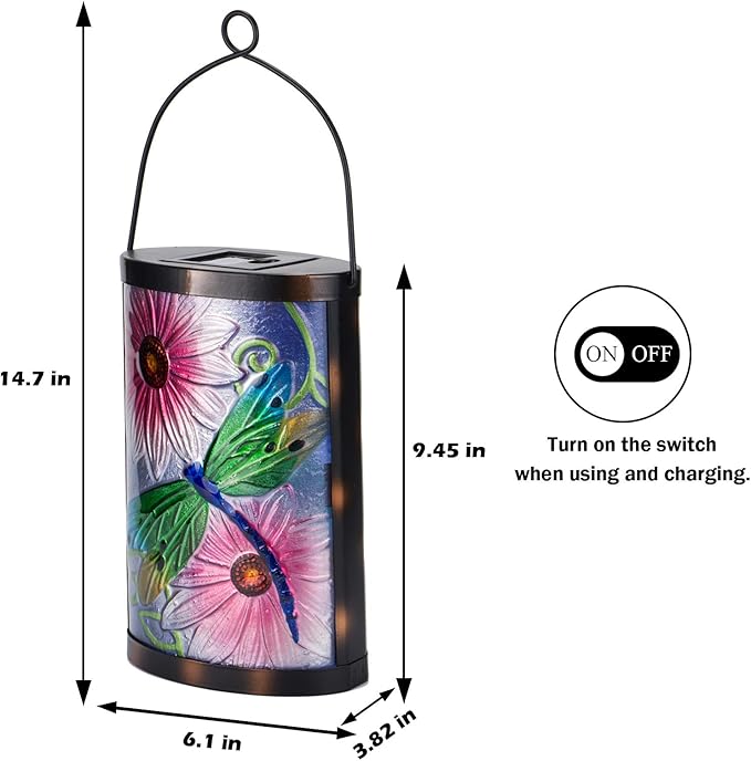 Afirst Solar Lantern Outdoor Hanging Glass Solar Dragonfly Lights Waterproof Led Lamp for Garden Yard Tree Desk Decor