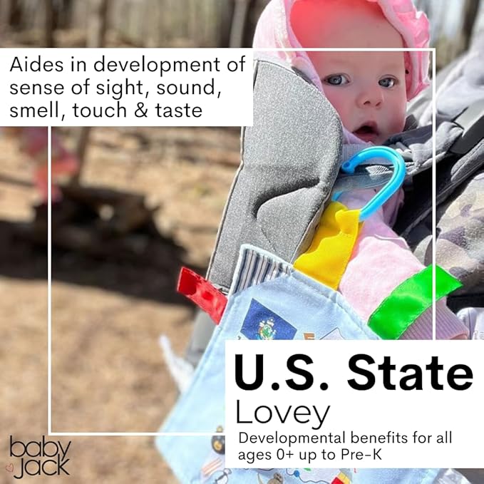 Baby Jack & Co 8x8” Learning Lovey Connecticut State Tag Stroller Toy for Babies - Crinkle Toys for Developing Five Senses - Learn About Capitals - Travel with Baby Jack - BPA Free Clip