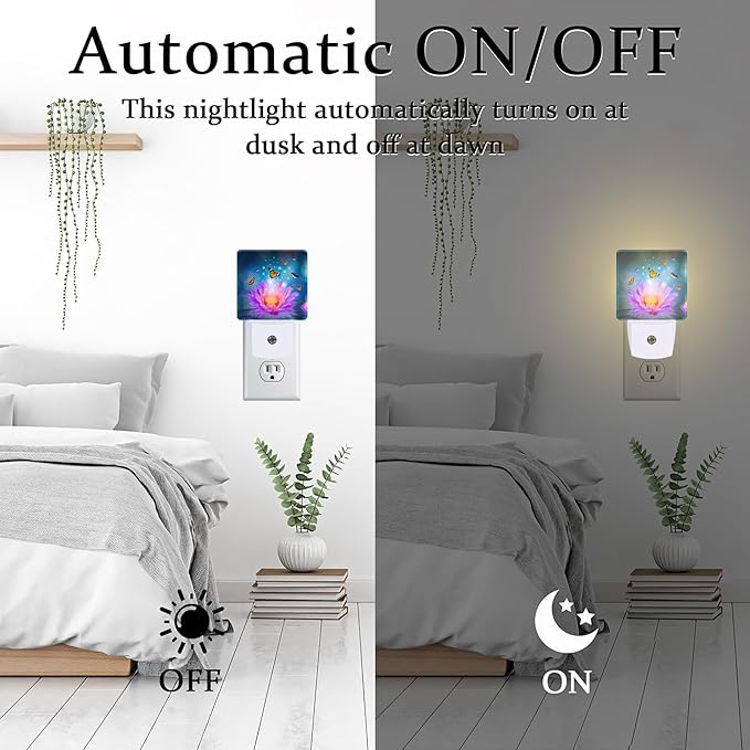 Purple Lotus Flowers Butterflies Night Light for Kids,Glowing Lotus Butterfly Night Light Plug in with Dusk to Dawn Sensor,0.5w Energy Saving Nightlight for Hallway Stairway Kitchen Bedroom