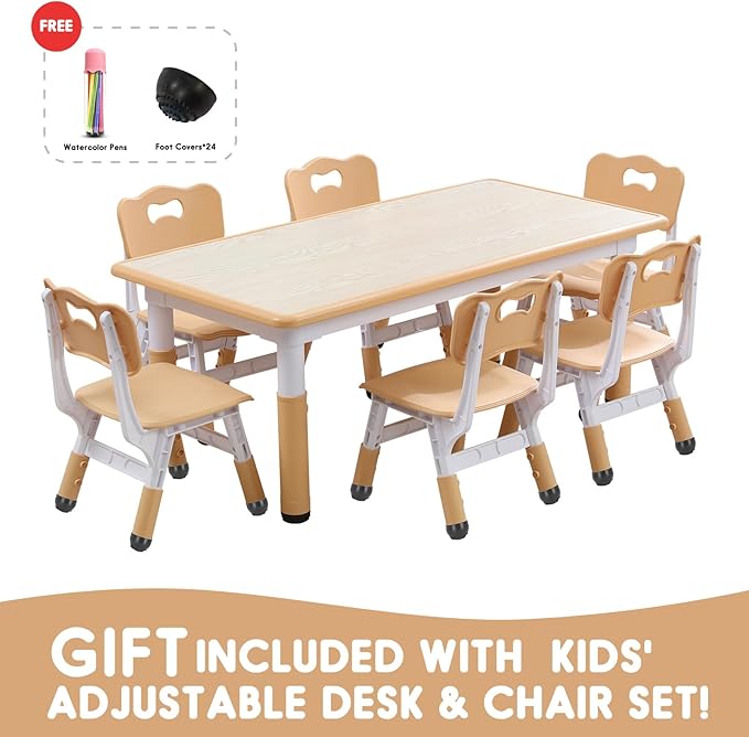 Kids Table and Chairs Set, Height Adjustable Desk With 6 Seats for Ages 3-12,Arts & Crafts Table,Graffiti Desktop, Non-Slip Legs, Max 300lbs, Children Multi-Activity Table for Classrooms,Daycares,Home