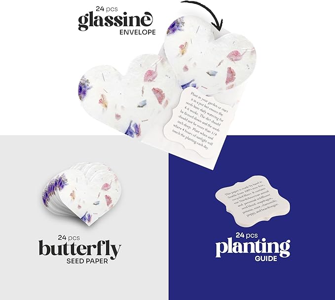 Wildflower Seed Paper - Set of 24 Mixed Heart-Shaped with Envelopes and Planting Instruction, Writable & Plantable Gift for Moms and Plant Lovers, Ideal for Wedding, Memorial, Baby Showers
