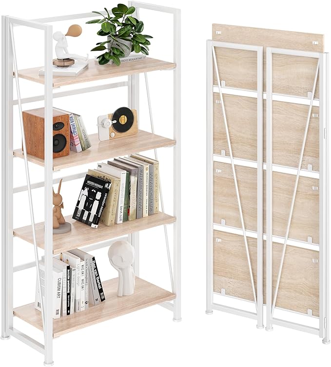 BHG Vintage Multifunctional Bookcase Folding Bookshelf, No-Assembly Plant Stand Storage Rack Shelves for Home Office (White, 4-Tier)