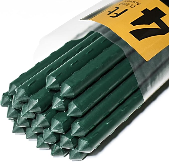 25pcs Steel Plant Stakes 4 Feet,Sturdy Plant Sticks, Plastic Coated Metal Garden Stakes Supports Climbing for Tomato, Bean, Flowers, Tree Potted