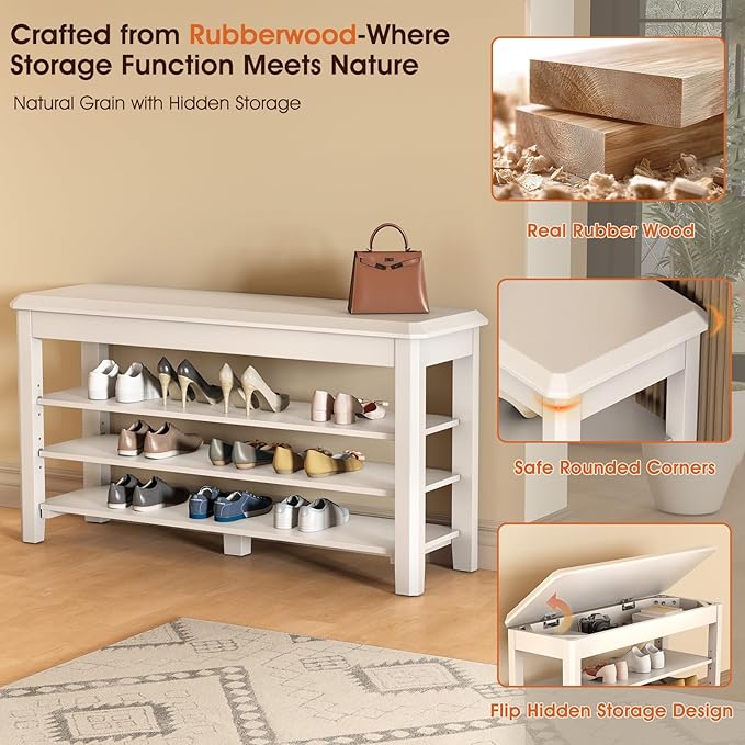 Shoe Rack Bench Seat Rubberwood 3-Tier Wooden Storage Bench 550lbs Compact Mid-Century Modern Design for Entryway, Hallway, Closet, Front Door Entrance, Foyer