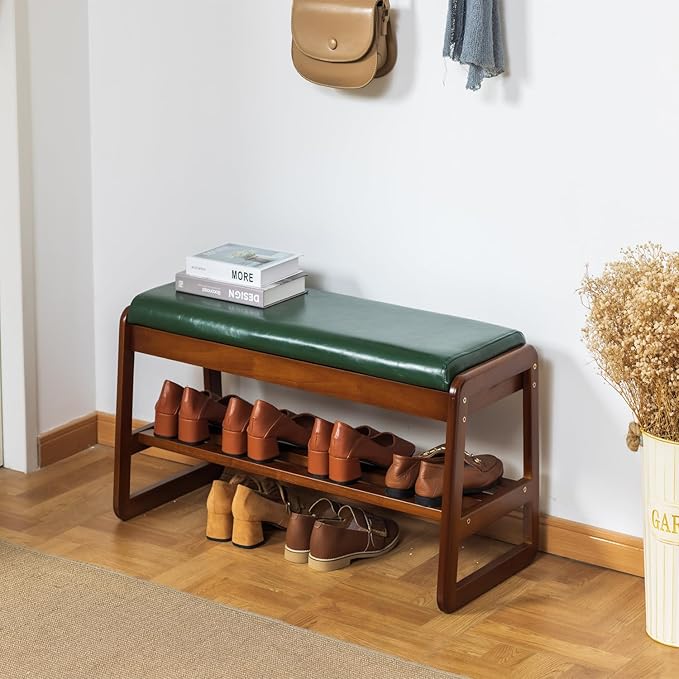 latifolia Solid Wood Bench, Entryway Shoe Bench with Cushion, Flip-Open Storage Compartment, 2-Tier Shoe Organizer(Green,31.50''L)