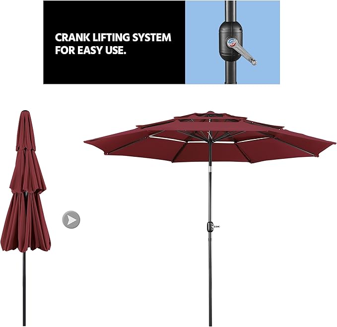 Yaheetech 3 Tier Patio Umbrella 10ft Vented Outdoor Large Market Table Umbrella with 8 Sturdy Ribs & 1.5" Umbrellla Pole, Double-layer Cloth & Push-button Tilting & Crank for Pool/Garden/Lawn Burgundy