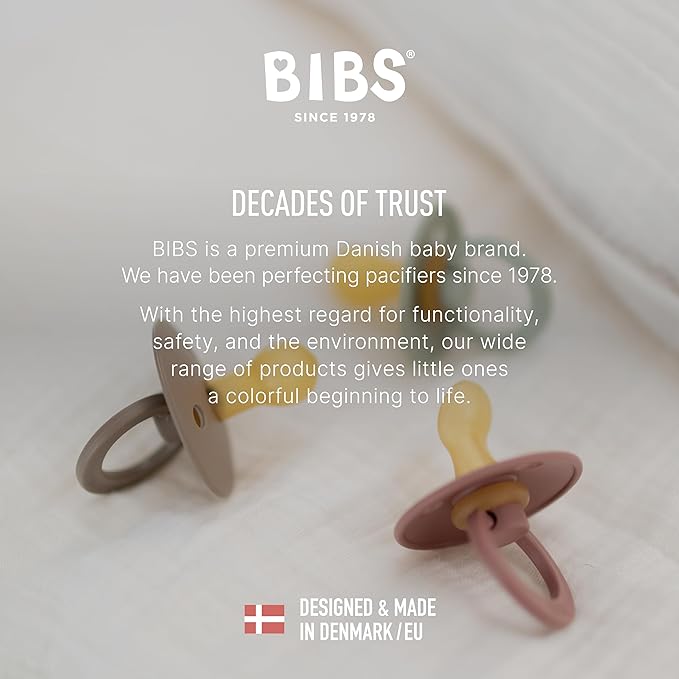 BIBS Pacifiers 0-6 Months | 2-Pack Soothers | Symmetrical Nipple | BPA-Free Natural Rubber | Made in Denmark | Iron/Baby Blue Colour Pacifier