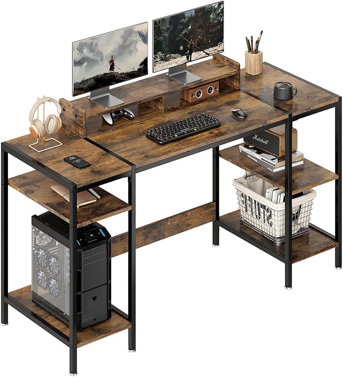 Computer Desk Gaming Desk with Monitor Stand, Home Office Desk Suitable for 2 Monitors, Writing Desk with Adjustable Storage Space,Sturdy and Durable Modern Small Desk (Vintage, 55 inchs)