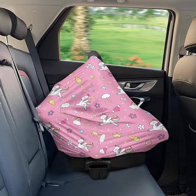Biyejit Rainbow Horse 5-in-1 Car Seat Cover for Baby Boy Girl Gift, Blue Wild Animal Hunter Reed Privacy Breastfeeding Nursing Cover, Newborn Infant Multi-use Carseat Canopy Carrier