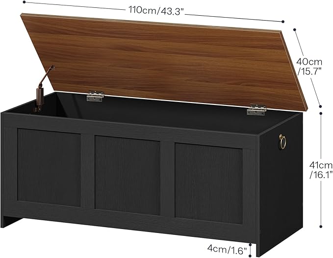 HOOBRO Storage Bench, 43.3" Retro Wooden Storage Chest, Wooden Storage Trunk, Toy Chest with Lift Top, Multifunctional Entryway Organizer, for Entryway, Living Room, Black and Walnut BH411CW01