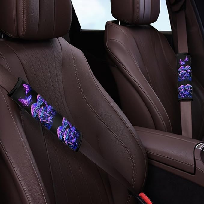 UNICEU Butterfly Hippie Mushroom Car Seat Belt Pads for Women 2 Piece Mushroom Car Accessory for Sedan SUV Truck Soft Comfort Seat Belt Shoulder Strap Covers