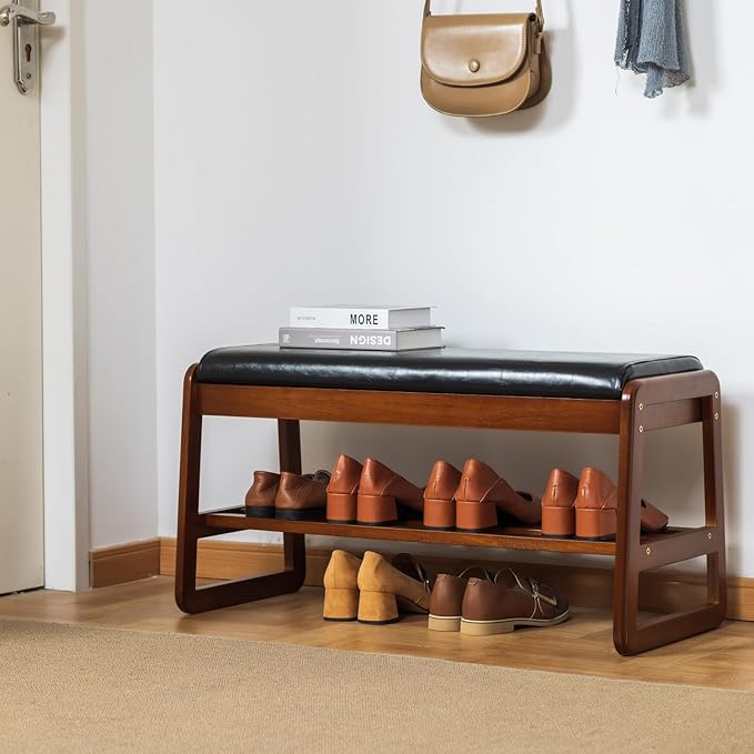 Solid Wood Shoe Bench, 2-Tier Entryway Bench with Cushion and Flip-Open Storage Box, Mid-Century Modern Shoe Bench Rack for Hallway, Mudroom(Black, 31.5'')