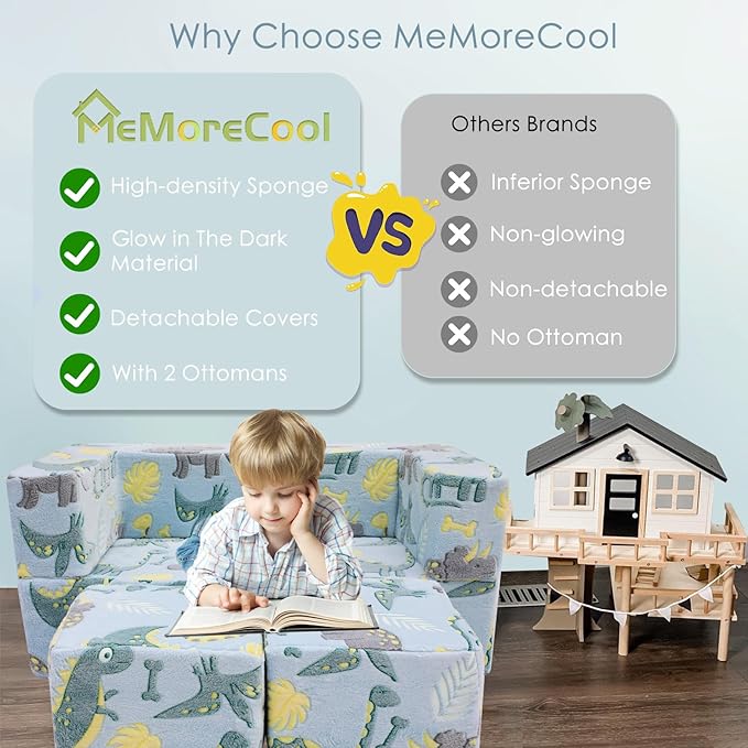 MeMoreCool Modular Kids Sofa,Toddler Play Couch Fold Out for Playroom, Dinosaur Glow in Dark Convertible Plush Foam Chair for Childrens