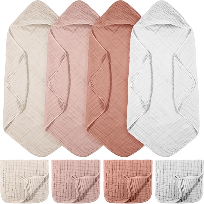 VitalCozy 8 Pcs Baby Muslin Hooded Bath Towels and Washcloths, Muslin Hooded Baby Towels Absorbent Blankets for Gift Newborn Infant Shower (Pink,White)