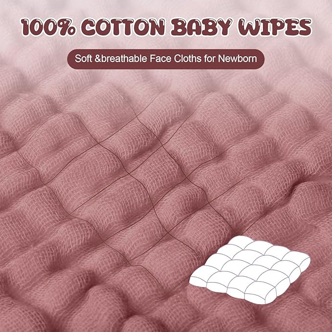 Breling 20 Pcs Baby Muslin Washcloth 12 x 12 Inch 100% Cotton Soft and Absorbent Muslin Washcloth Burp Cloth Wipe Newborn Face Towel for Baby Boy Girl Sensitive Skin(Pink, Bean Paste, Dark Pink)