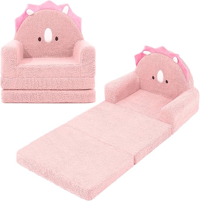 MOONBEEKI 2-in-1 Foldable Toddler Couch, Soft Sherpa Fabric with Washable Cover, Convertible Sofa to Lounger, Kids Sofa for Playroom, Bedroom, Living Room, Birthday Gift, Ages 1-3, Triceratop, Medium